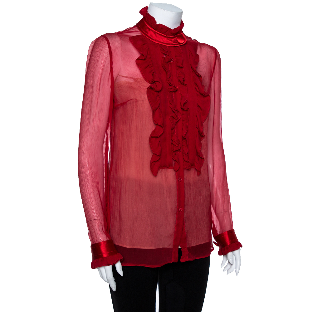 

Prada Red Chiffon Ruffle Detail High Neck Button Front Top
