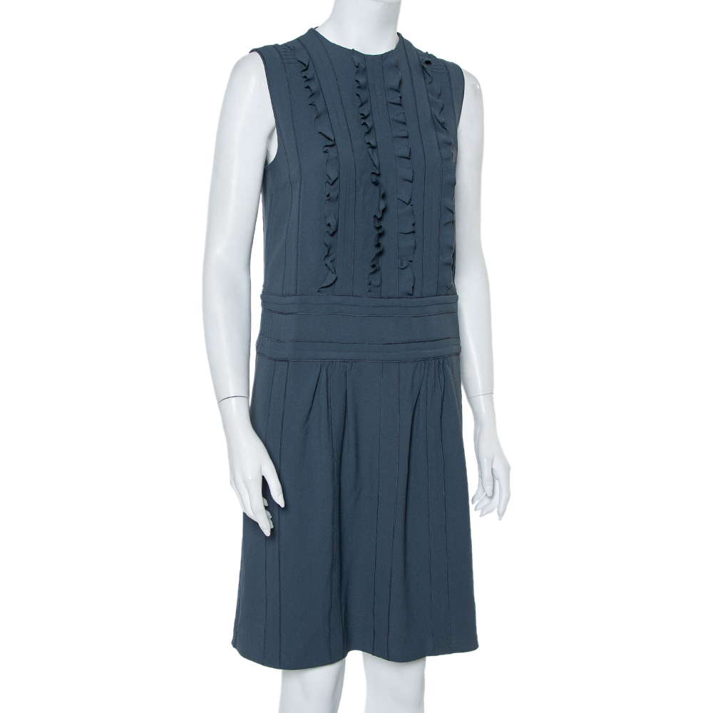 

Prada Grey Crepe Ruffle Detail Paneled Bleu Dress