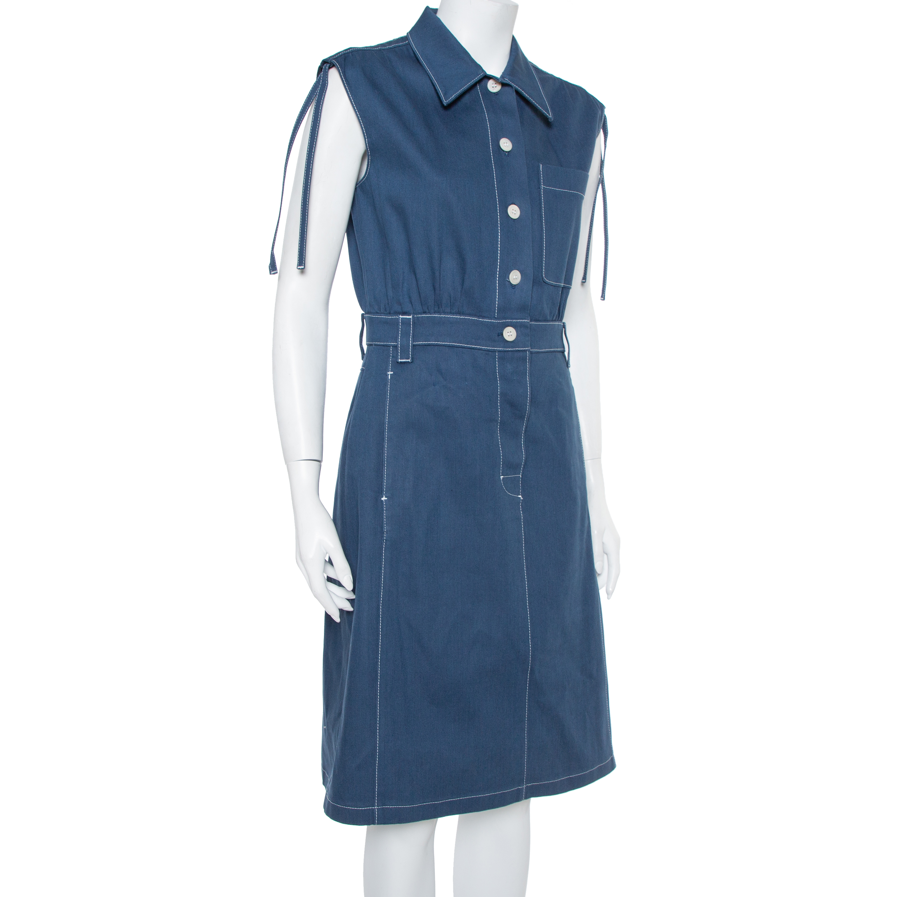 

Prada Navy Blue Denim Button Front Sleeveless Midi Dress