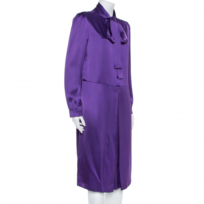 

Prada Purple Satin Neck Tie Detail Midi Dress