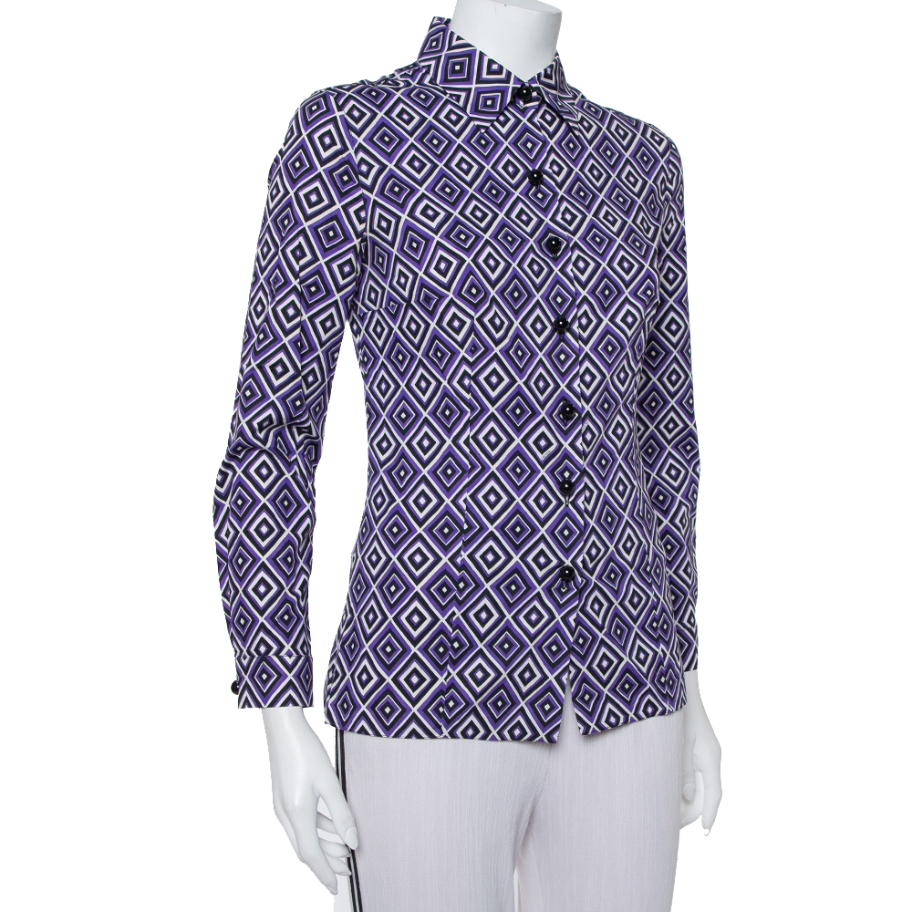 

Prada Purple Printed Stretch Cotton Fitted Button Front Shirt, Blue