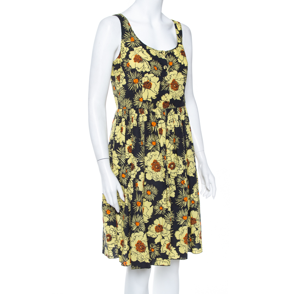 

Prada Yellow Floral Printed Cotton Sleeveless Midi Dress