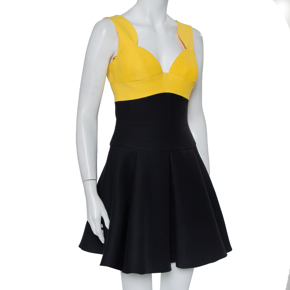 

Prada Black & Yellow Wool & Silk Pleated Sleeveless Mini Dress