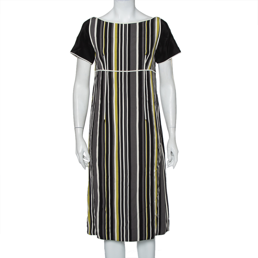 Pre-owned Prada Multicolor Striped Crepe Midi Dress M In Black