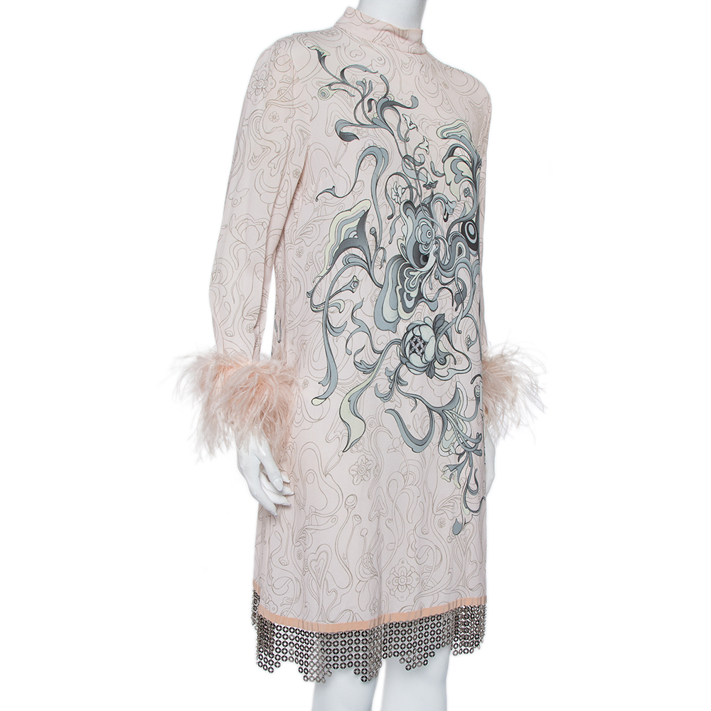 

Prada Pink Printed Crepe Metal Hem & Feather Detail Sable Shift Dress