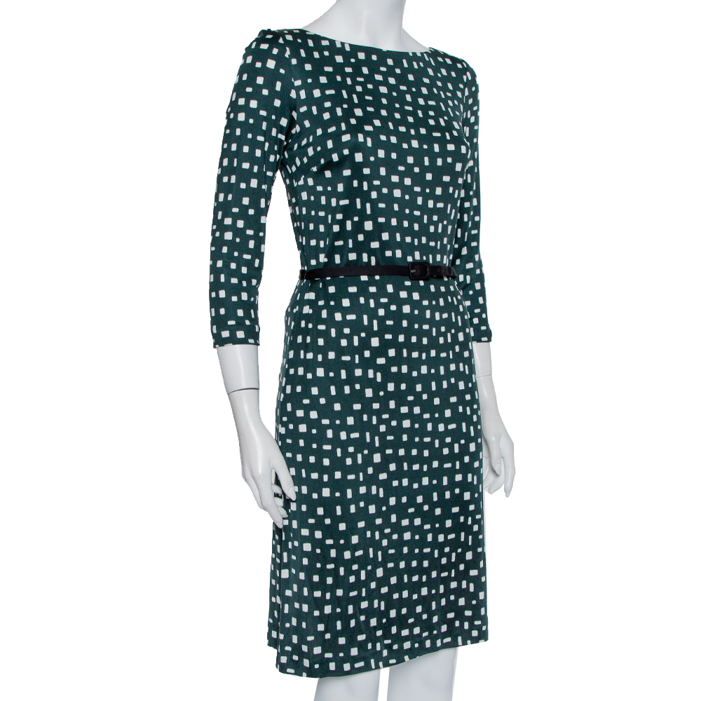 

Prada Green Printed Silk Knit Belted Shift Dress