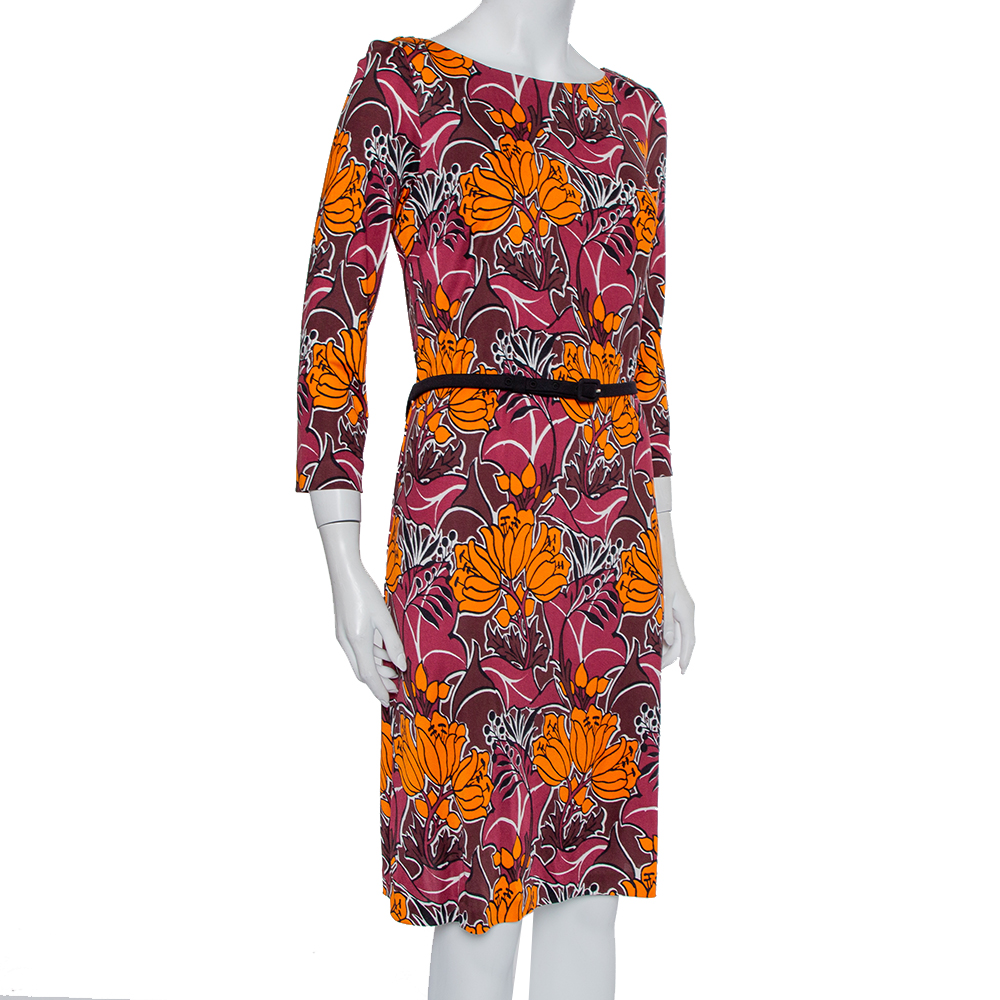 

Prada Burgundy Floral Printed knit Belted Shift Dress