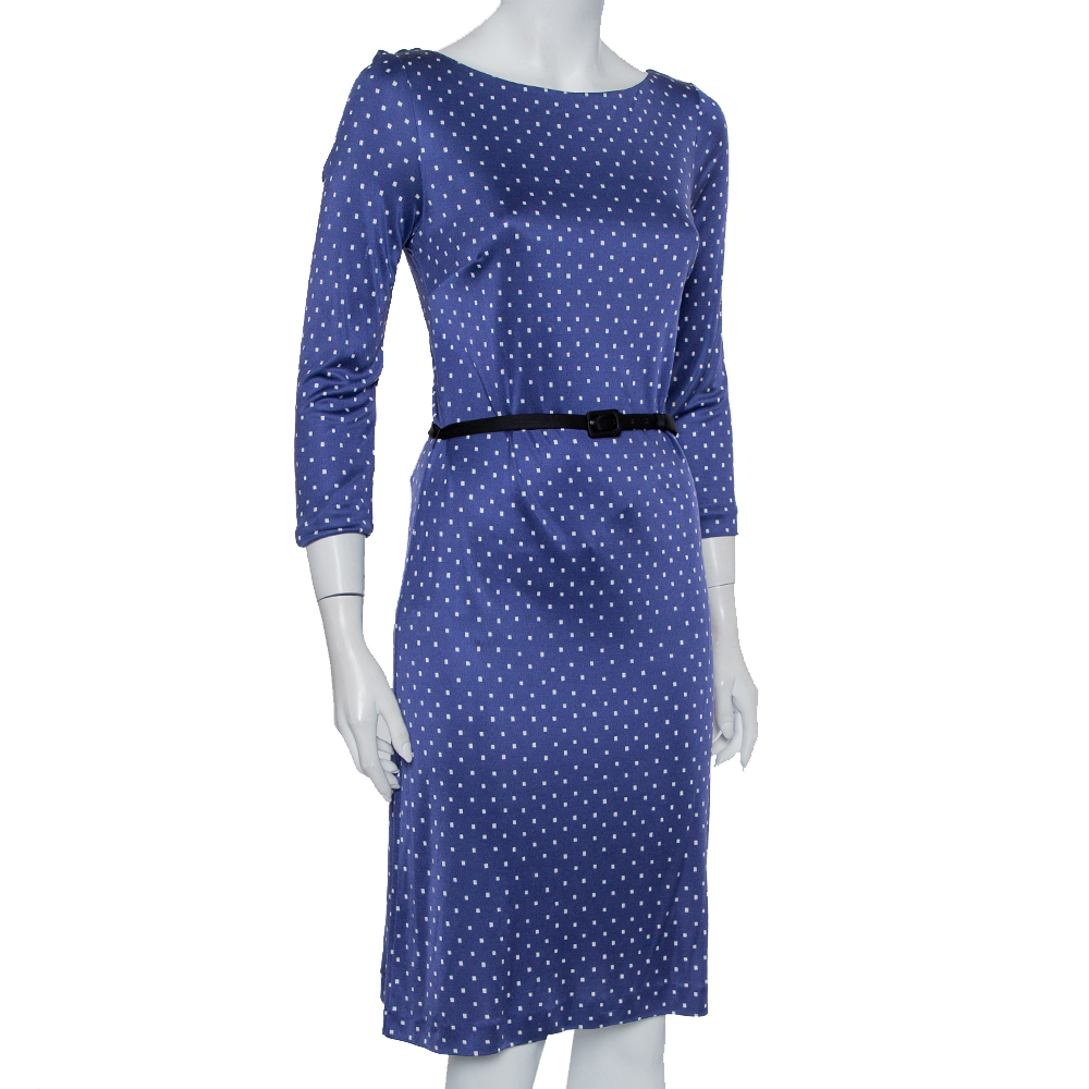 

Prada Blue Printed Silk Knit Belted Shift Dress