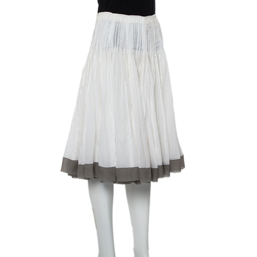 

Prada Vintage White Cotton Contrast Trim Pleated Midi Skirt