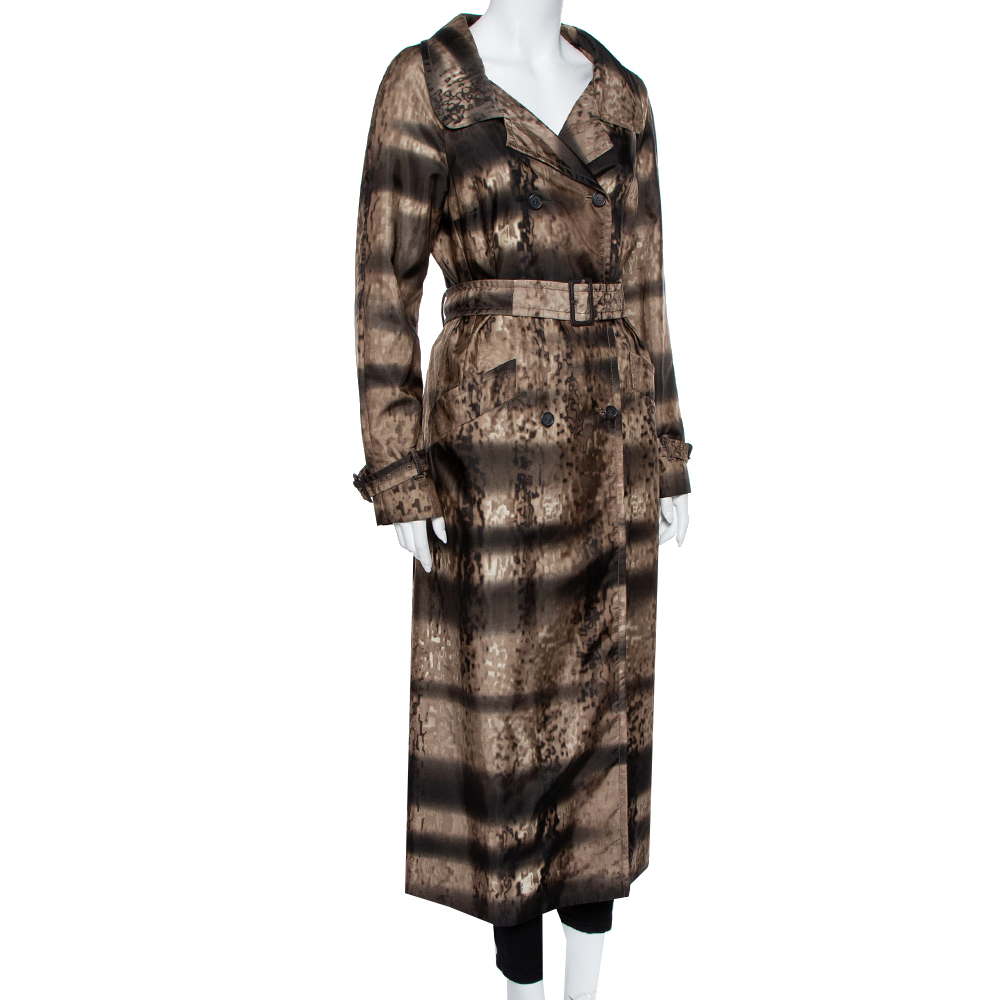 

Prada Brown Animal Printed Synthetic Belted Double Breasted Trench Coat