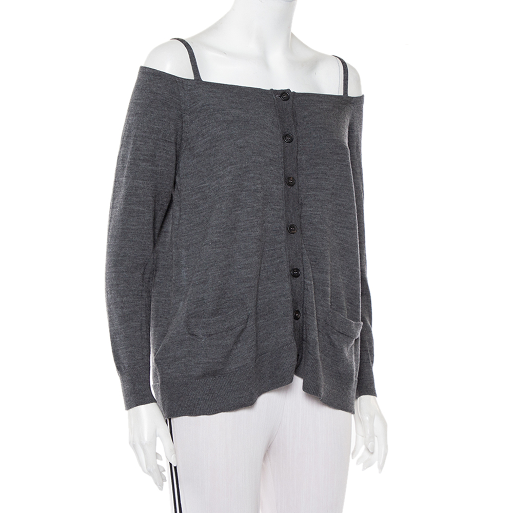 

Prada Grey Wool Button Front Cold Shoulder Cardigan