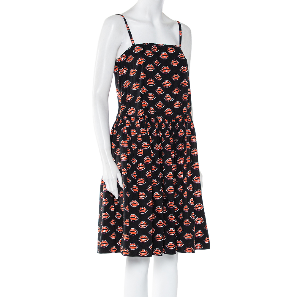 

Prada Black Lips Printed Cotton Waist Tie Detail Sleeveless Mini Dress