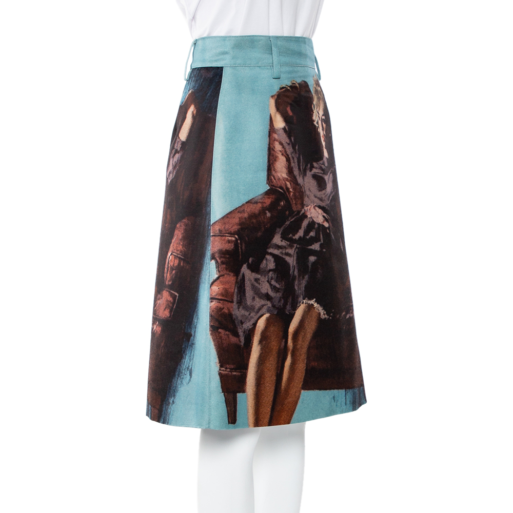 

Prada Blue Abstract Printed Wool & Silk Knee Length Skirt