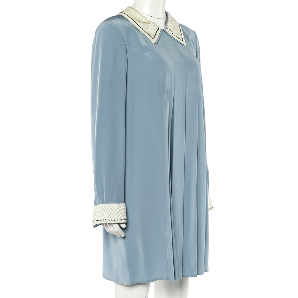 

Prada Powder Blue Silk Sequin Embellished Trim Pleated Mini Dress