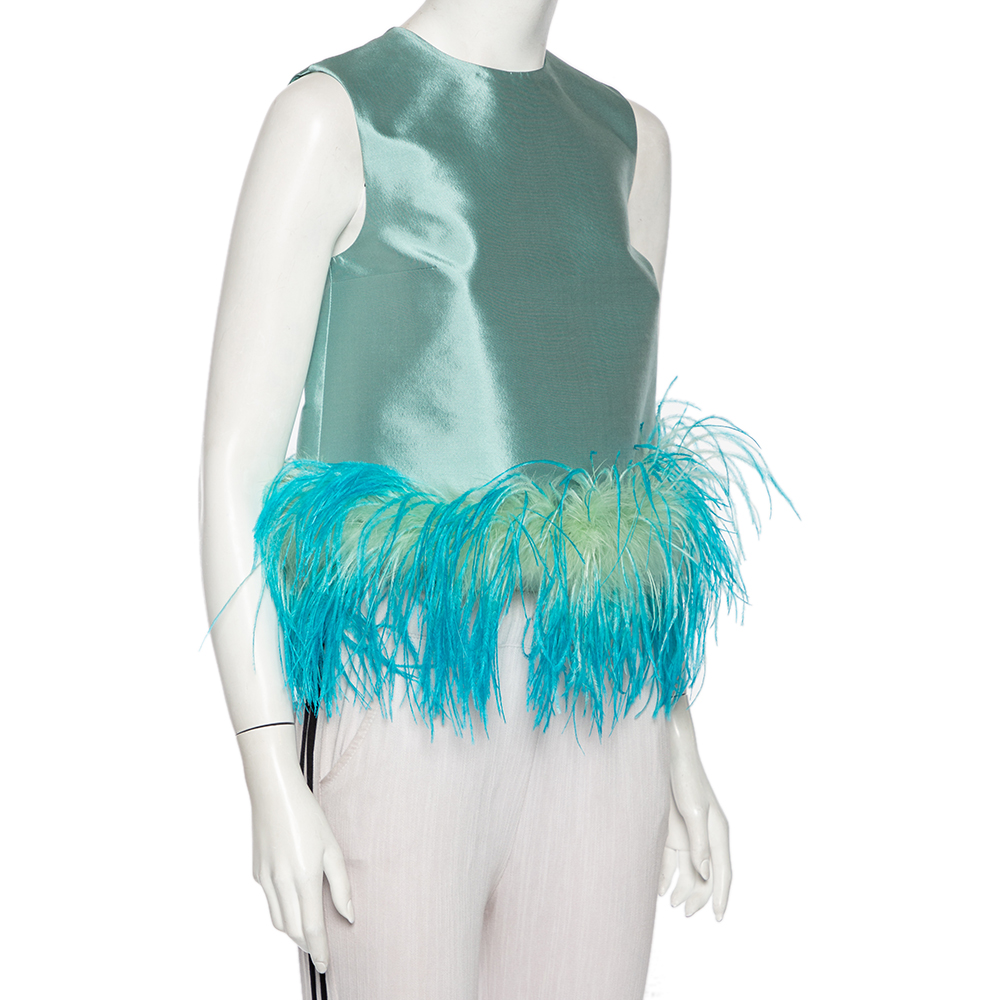 

Prada Blue Wool & Silk Feather Trim Sleeveless Top