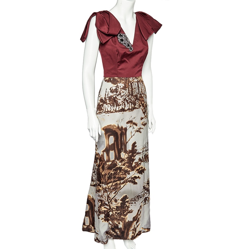 

Prada Burgundy And Printed Silk Paneled Embellished Detail Draped Sleeve Gown