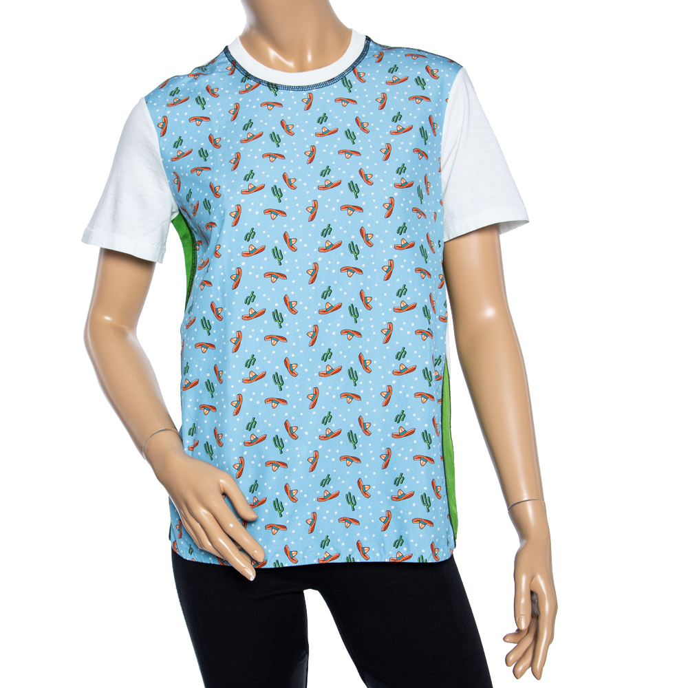 

Prada Colorblock Cactus Sombrero Print Cotton& Silk T-Shirt XS, Blue