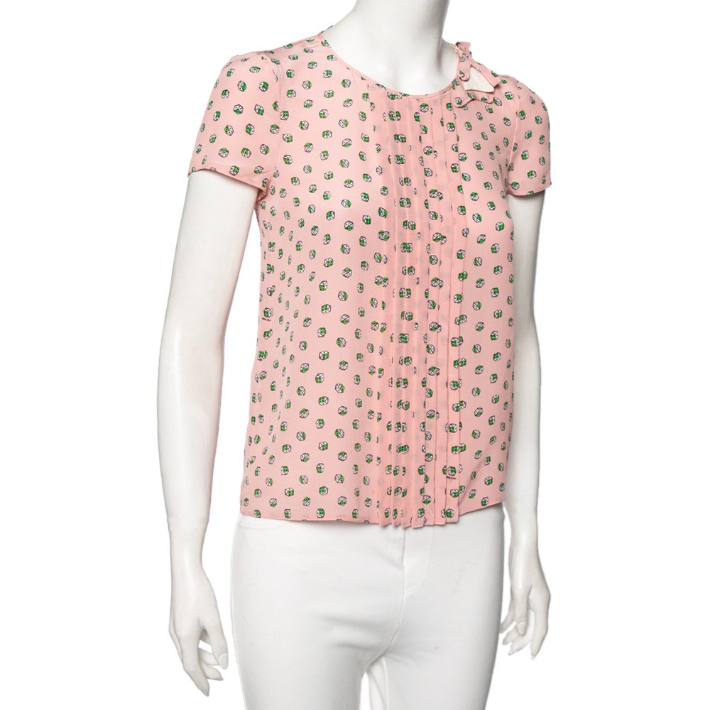 

Prada Pink Dice Printed Silk Pleated Yolk Detail Short Sleeve Blouse