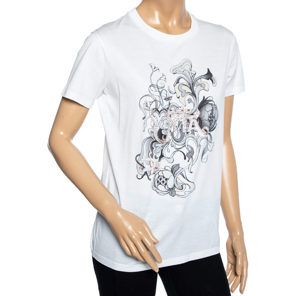 

Prada White Printed & Embellished Detailed Cotton Short Sleeve T-Shirt