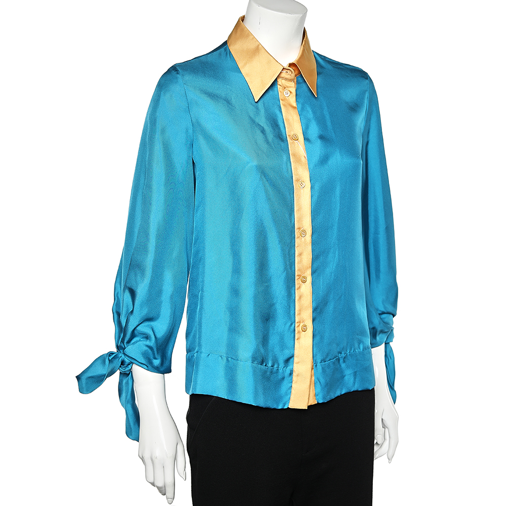 

Prada Blue Silk Satin Contrast Trim Detail Shirt