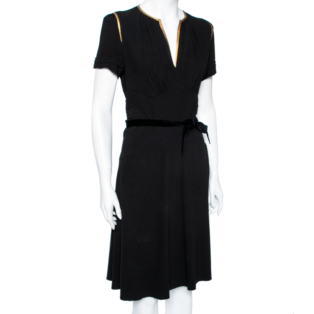

Prada Black Crepe & Leather Trimmed Ruched Waist Detailed Belted Dress