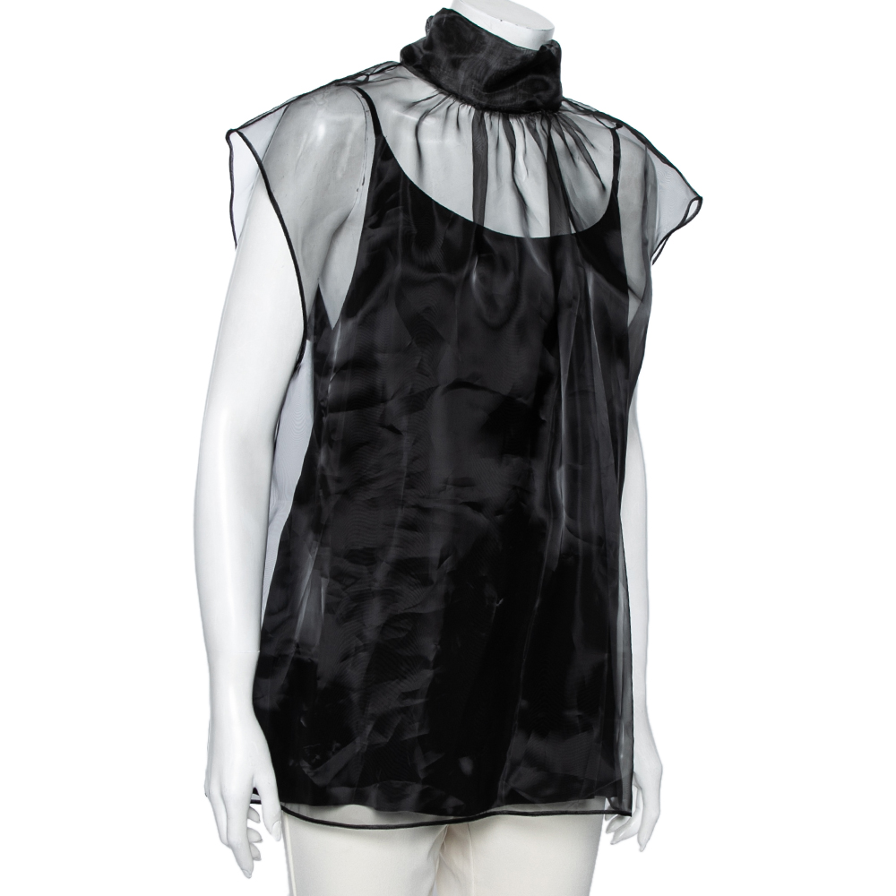 

Prada Black Silk Tulle Neck Tie Detailed Sleeveless Organza Blouse