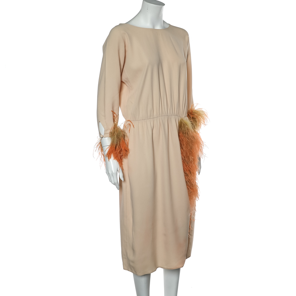 

Prada Beige Crepe Feather Trim Detail Midi Dress