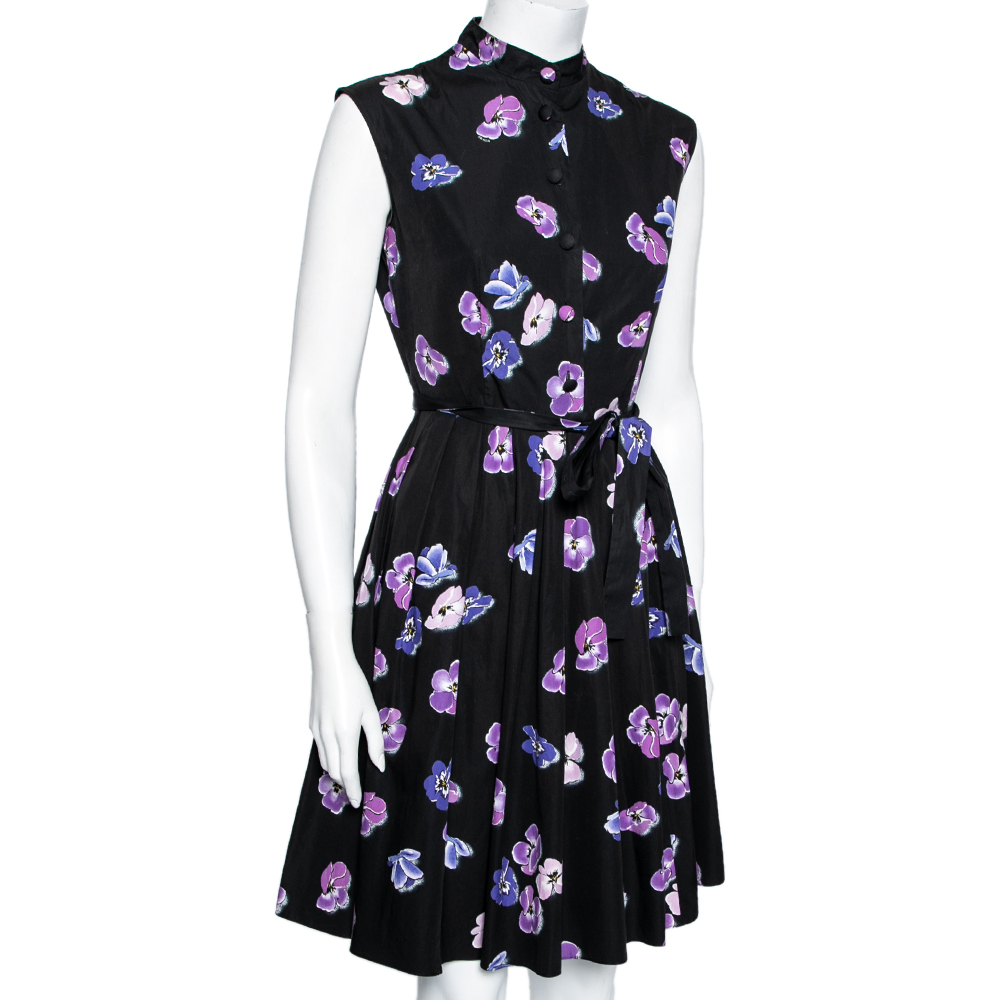 

Prada Black Floral Printed Cotton Sleeveless Pleated Dress