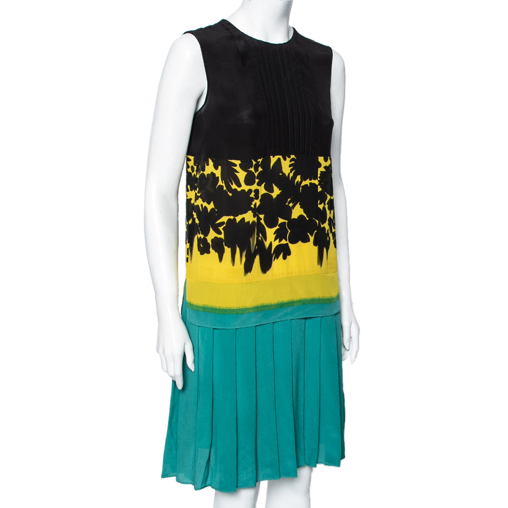 

Prada Multicolor Printed Silk Pleated Detail Shift Dress