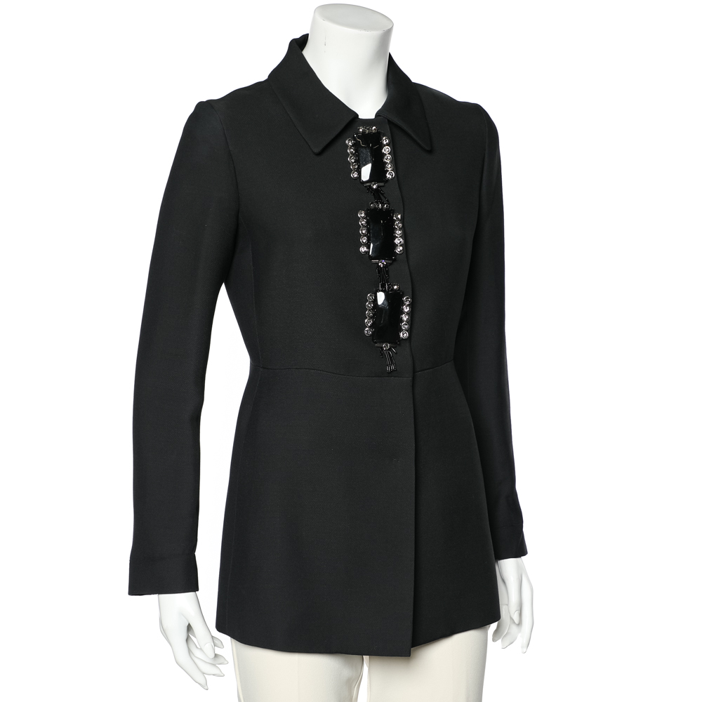 

Prada Black Wool & Silk Embellished Detail Button Front Jacket