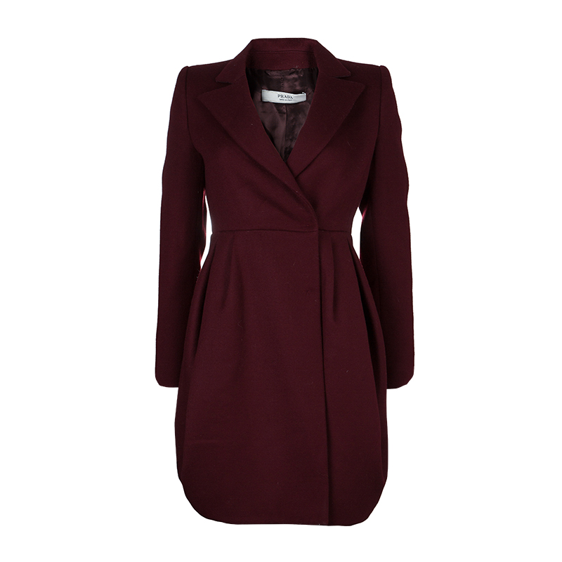Pre Owned Prada Burgundy Wool Notched Collar Overcoat S