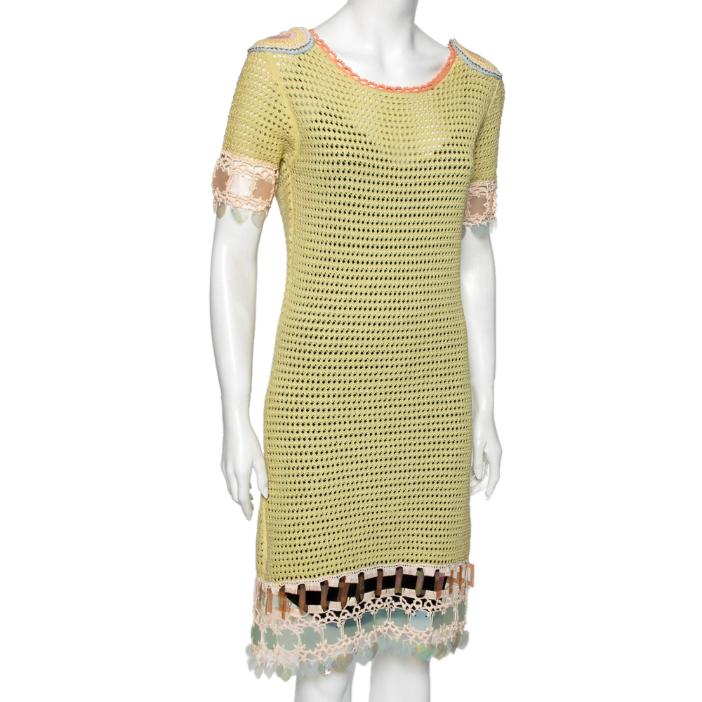

Prada Green Crochet Knit Embellished Short Sleeve Dress