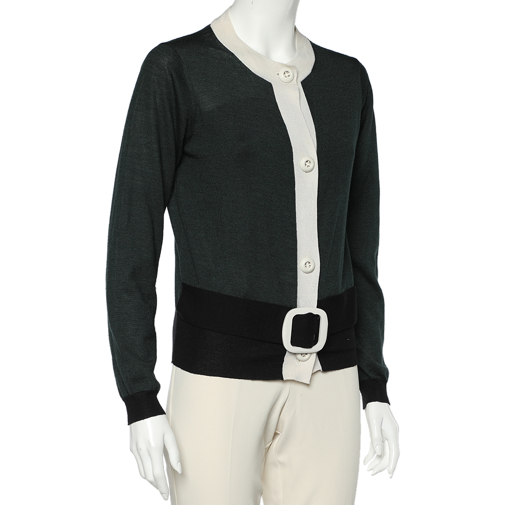 

Prada Color Block Wool & Silk Knit Button Front Cardigan, Green