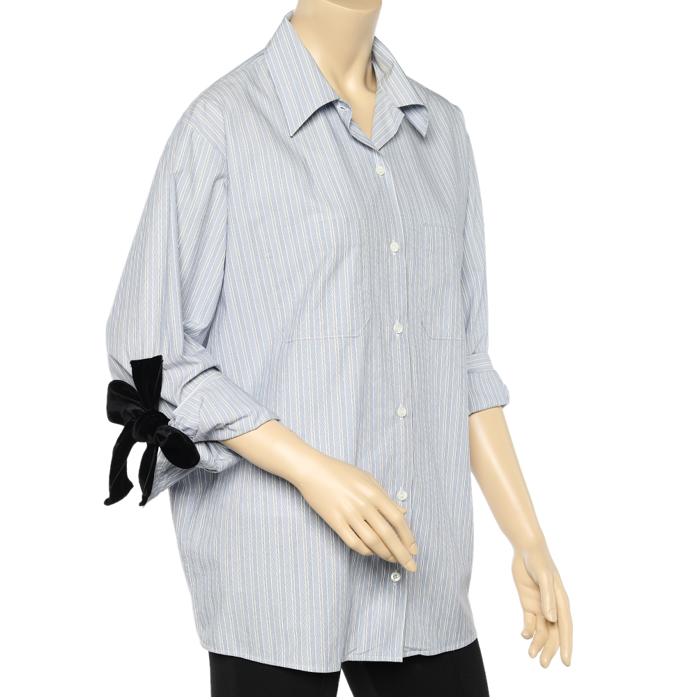 

Prada Blue Striped Cotton Velvet Bow Detail Shirt
