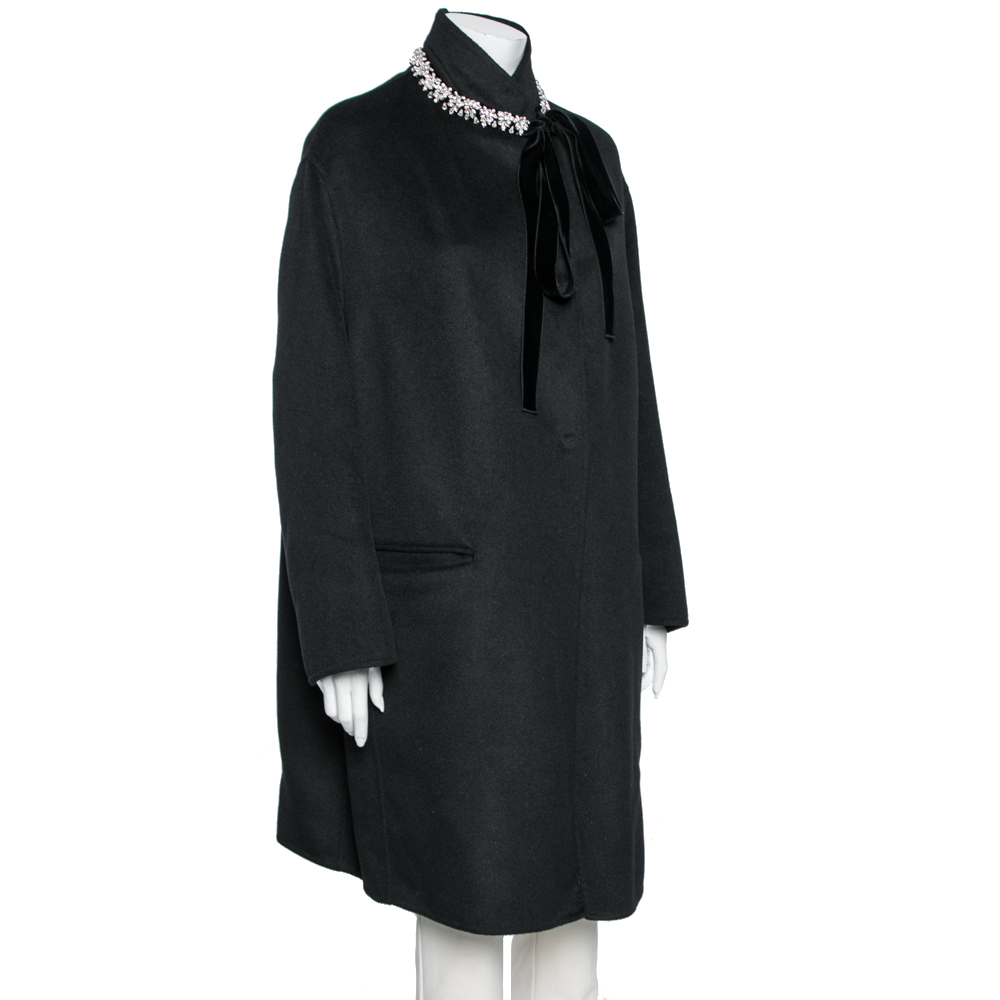 

Prada Black Wool Embellished Neck Detail Cape Coat