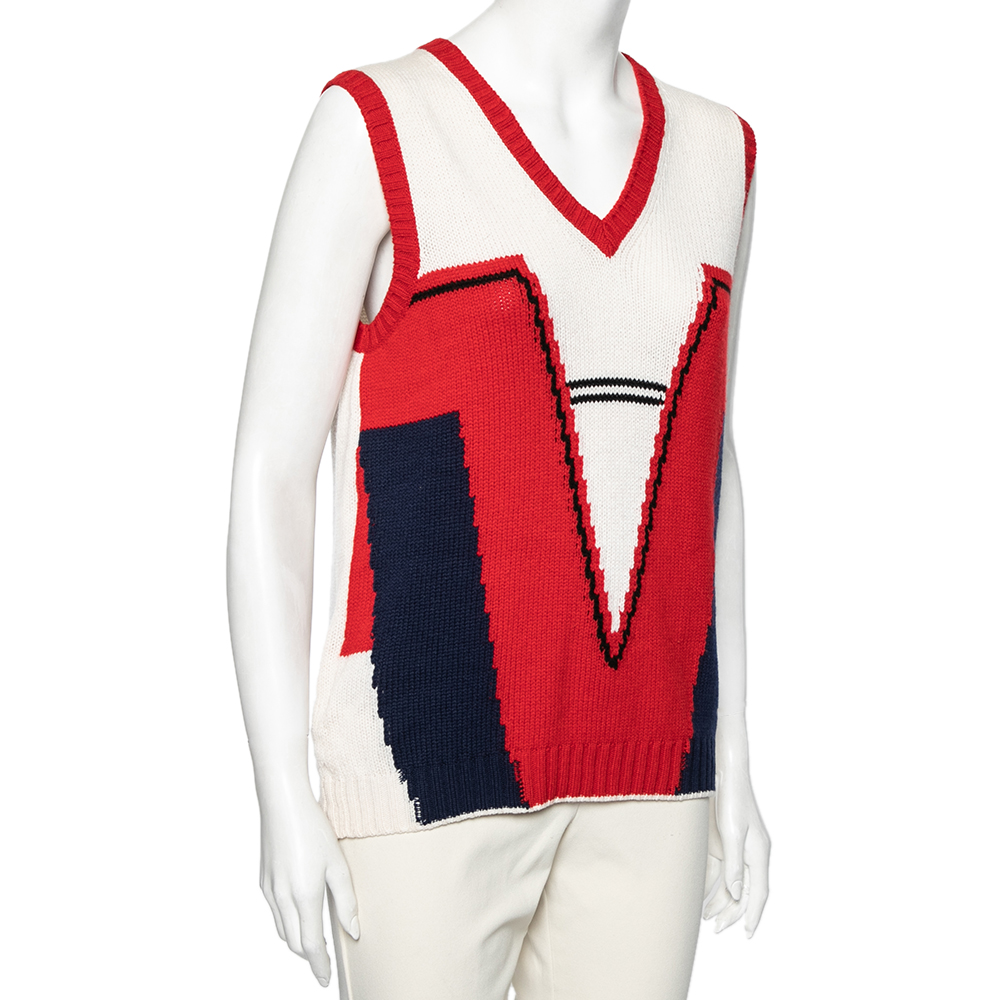 

Prada Multicolor Printed Cashmere V Neck Sleeveless Cardigan, Red