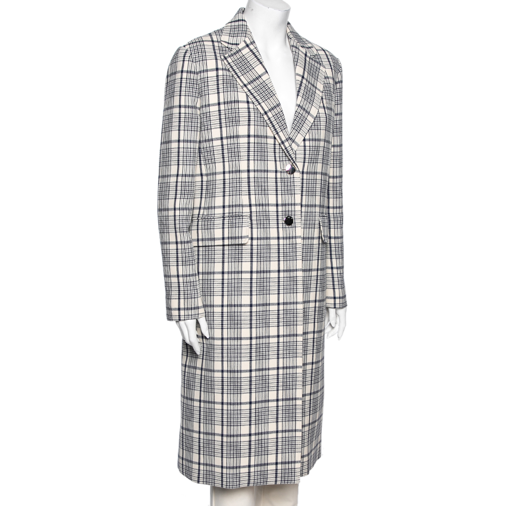 

Prada Cream & Blue Checkered Wool Button Front Coat