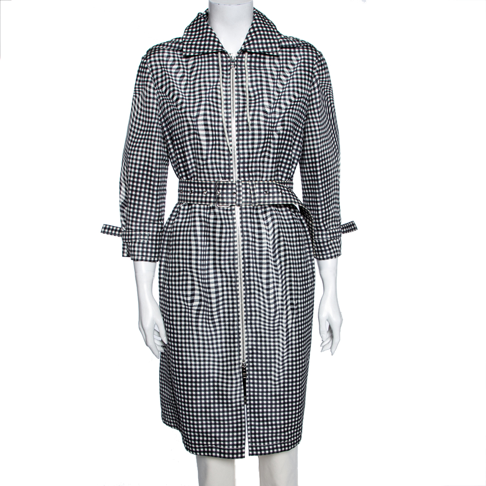 

Prada Monochrome Checkered Silk Zip Front Belted Coat M, Black