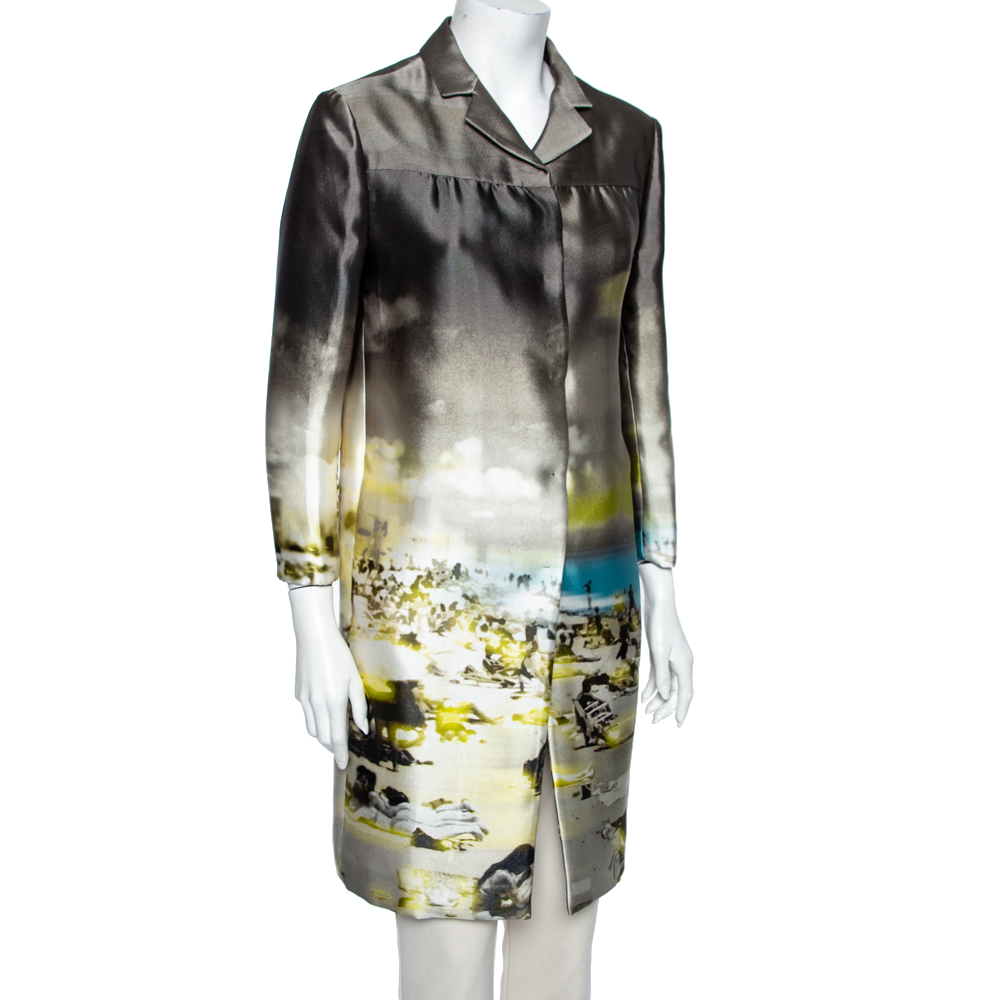 

Prada Green Printed Satin Silk Button Front Lightweight Coat