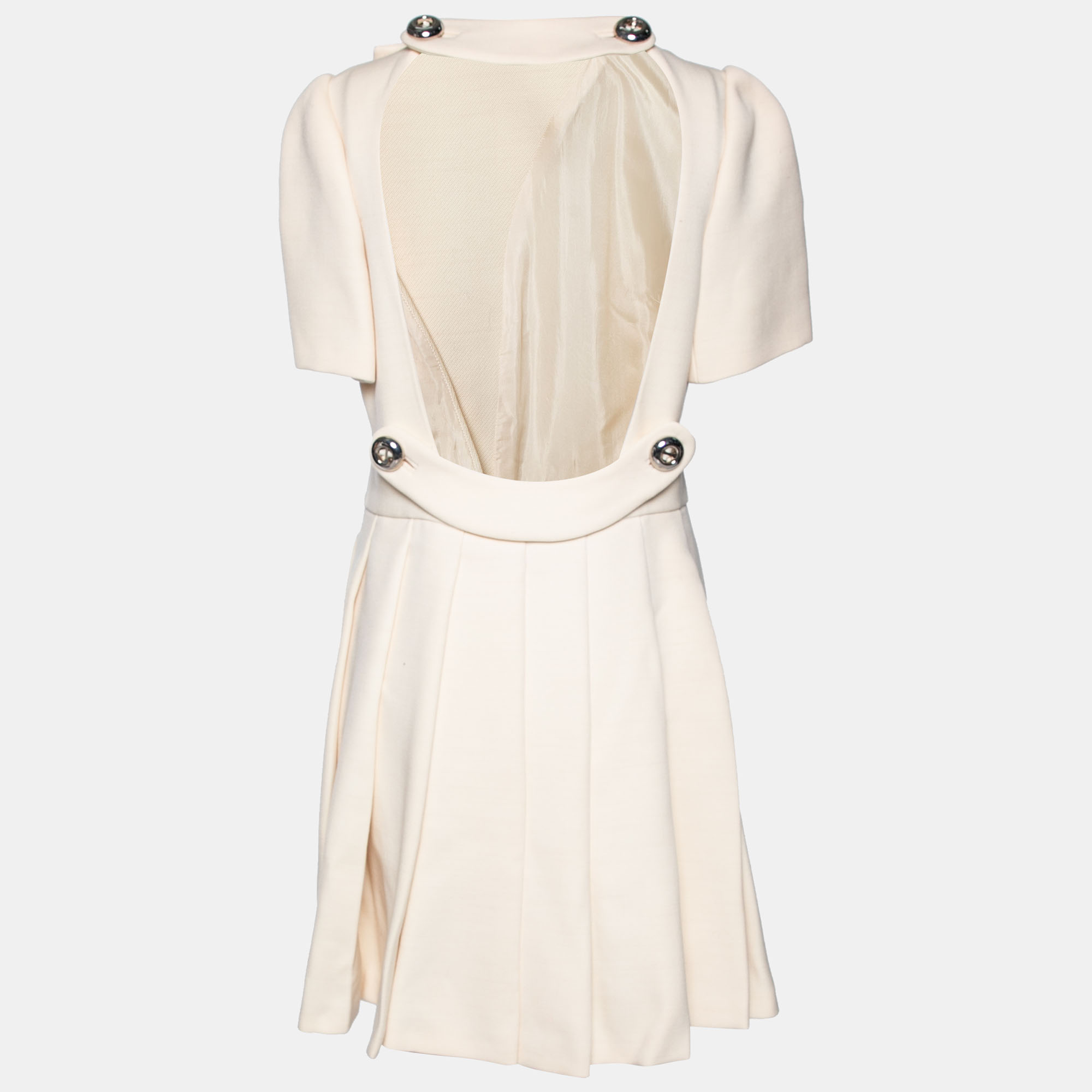 

Prada Cream Wool Open Back Detail Button Front Pleated Dress