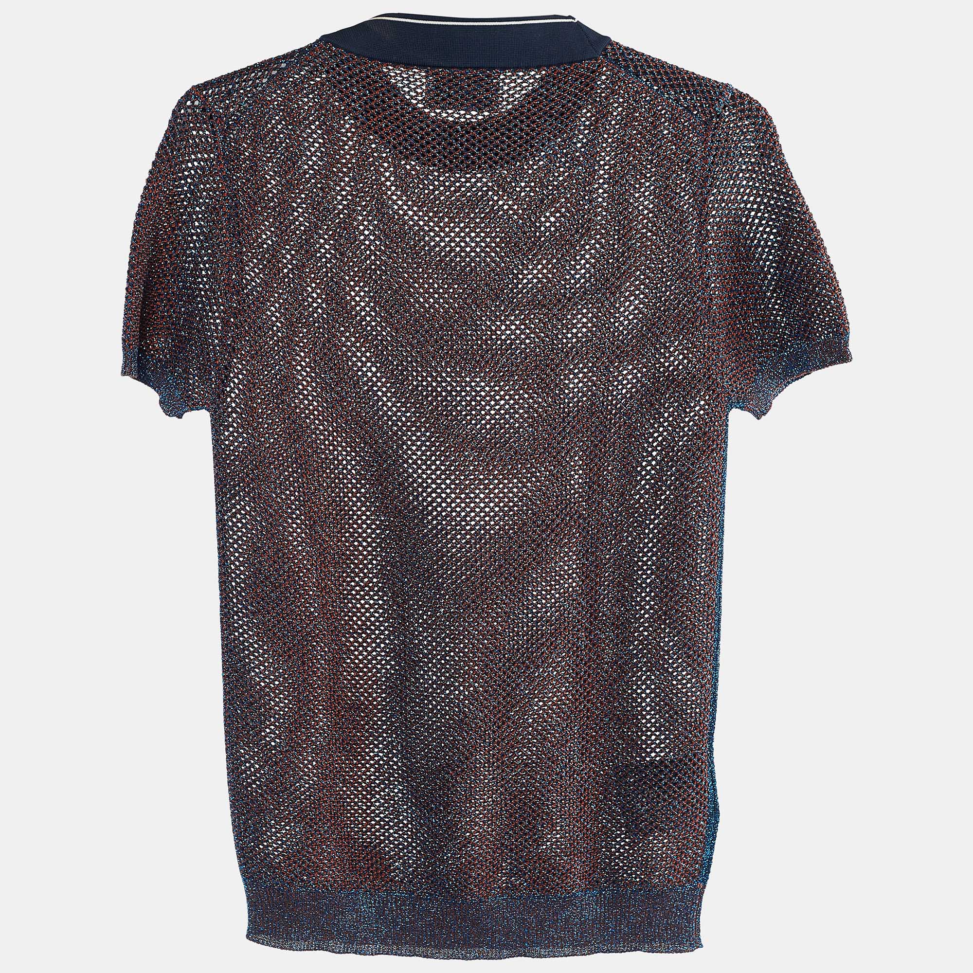 

Prada Blue Lurex Perforated Knit Logo Detail Top