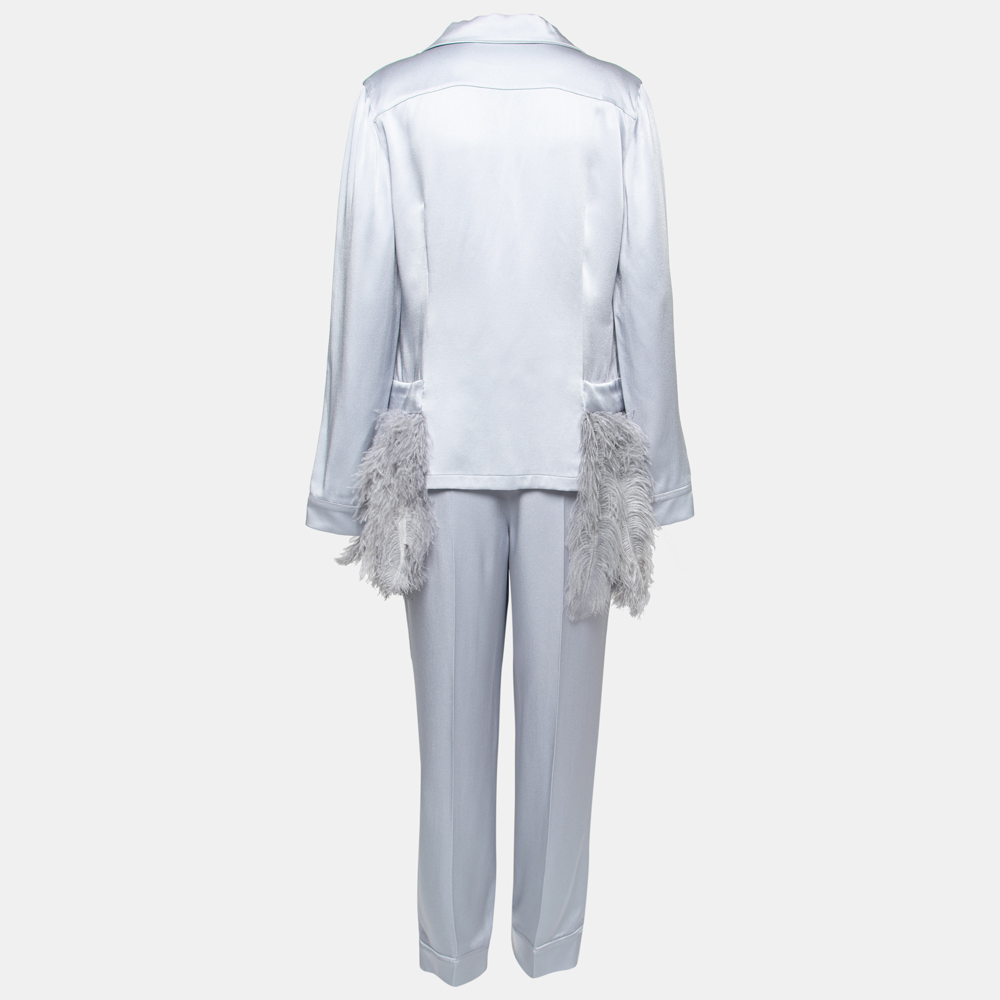 

Prada Metallic Grey Satin Feather Detailed Pajama Suit