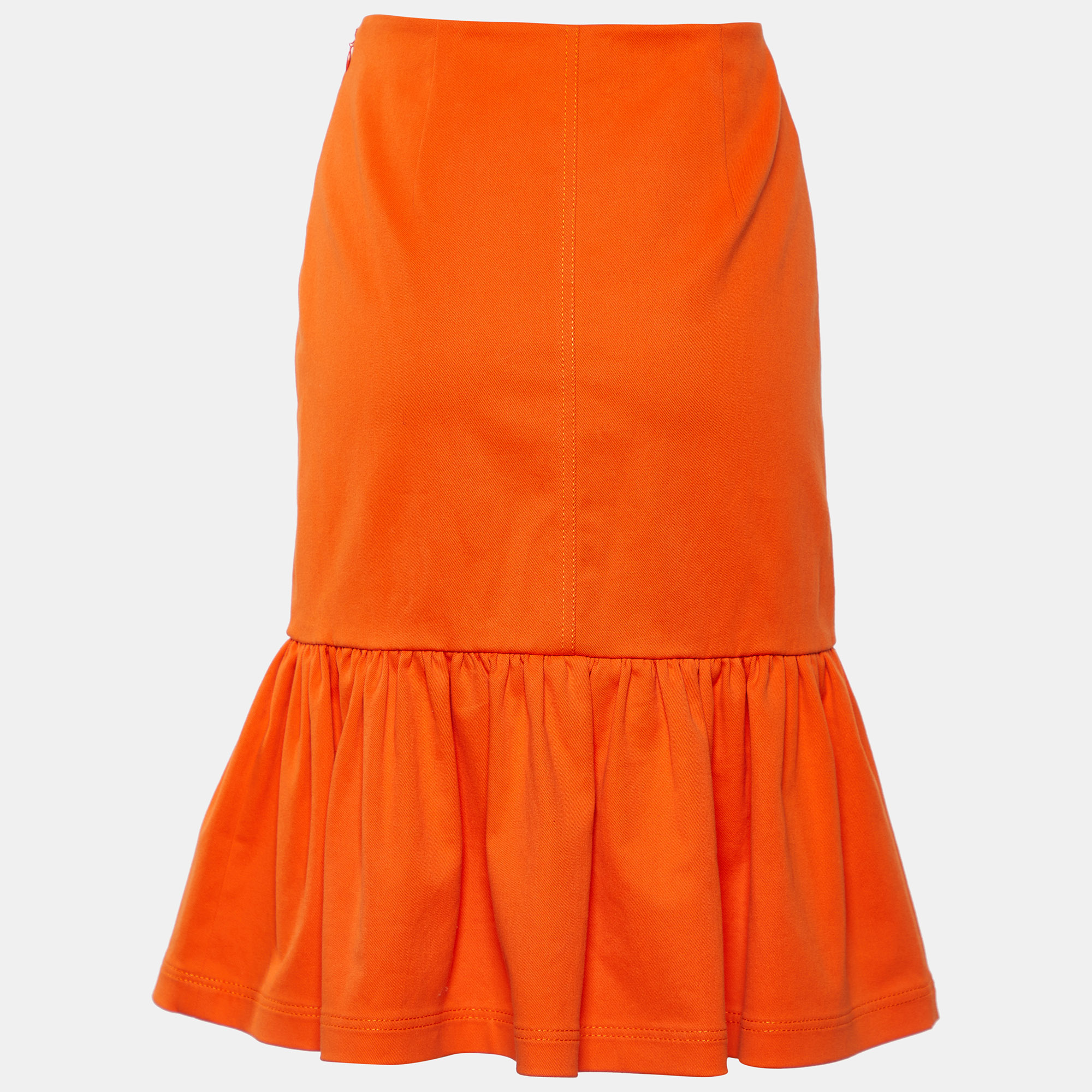 

Prada Orange Cotton Ruffled Hem Midi Skirt