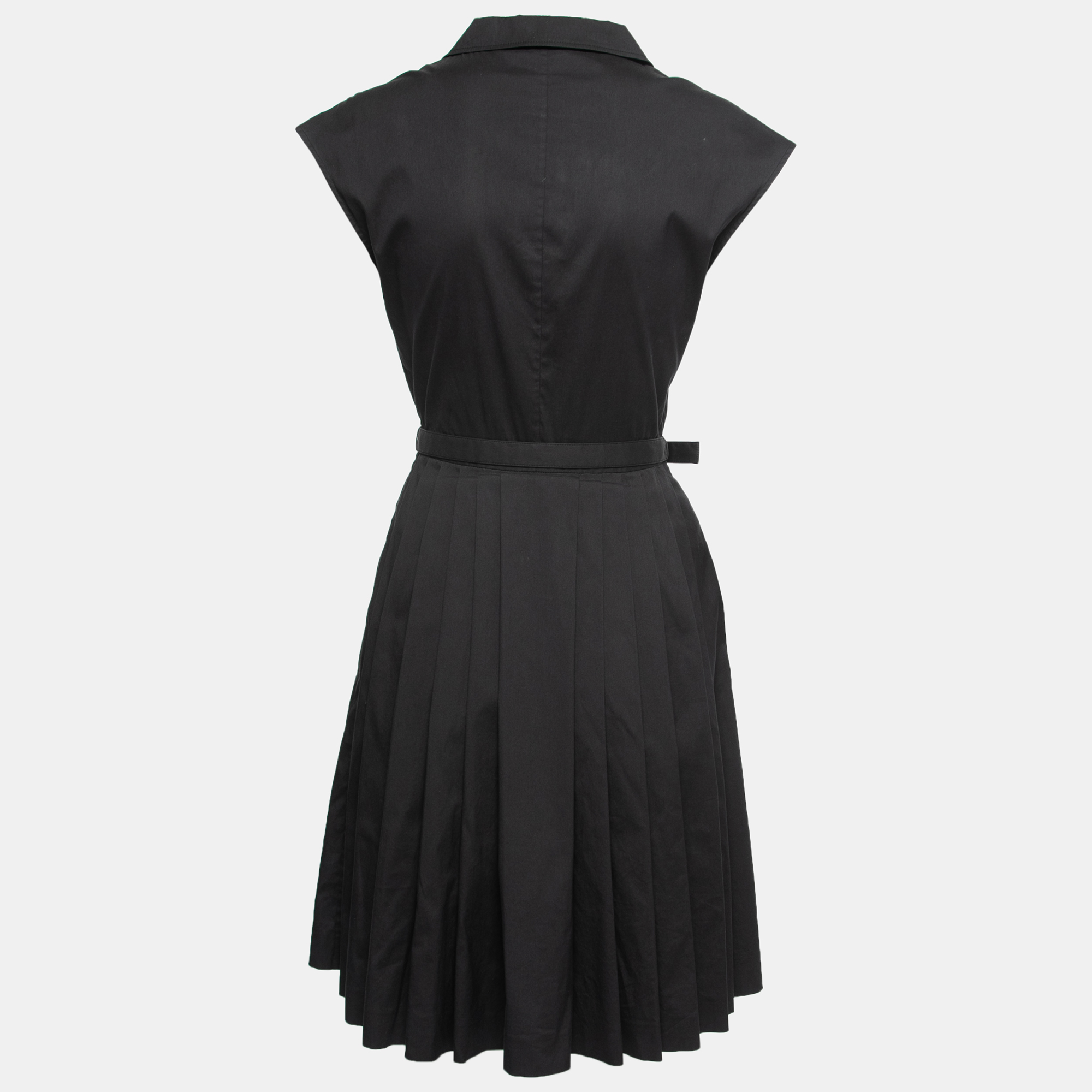 

Prada Black Cotton Belted Pleated Midi Dress