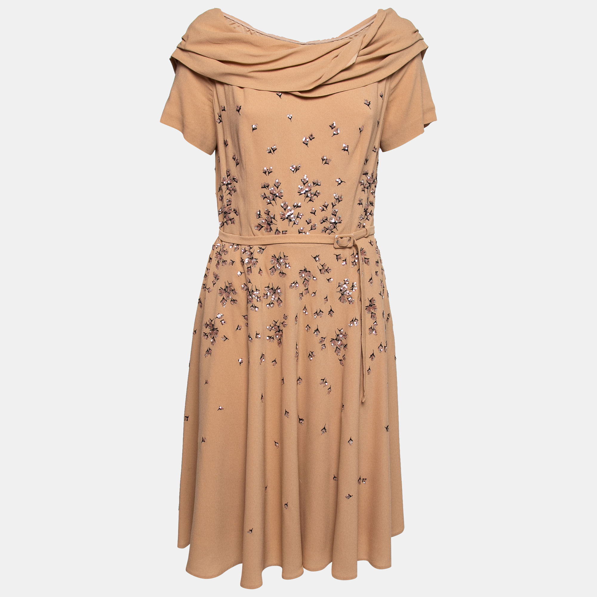 Pre-owned Prada Beige Embroidered Crepe Belted Midi Dress L