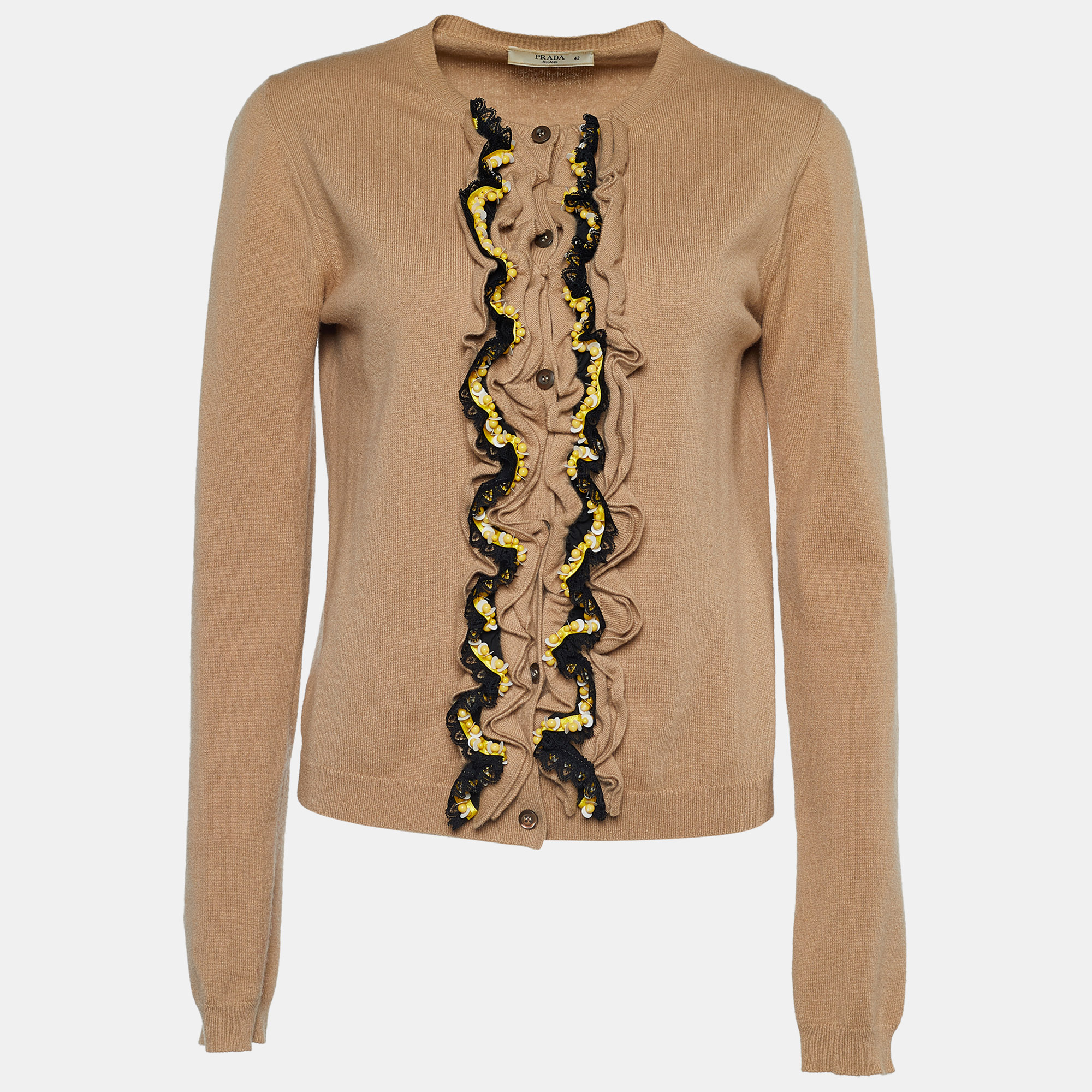 Prada Brown Cashmere Knit Ruffled Cardigan M