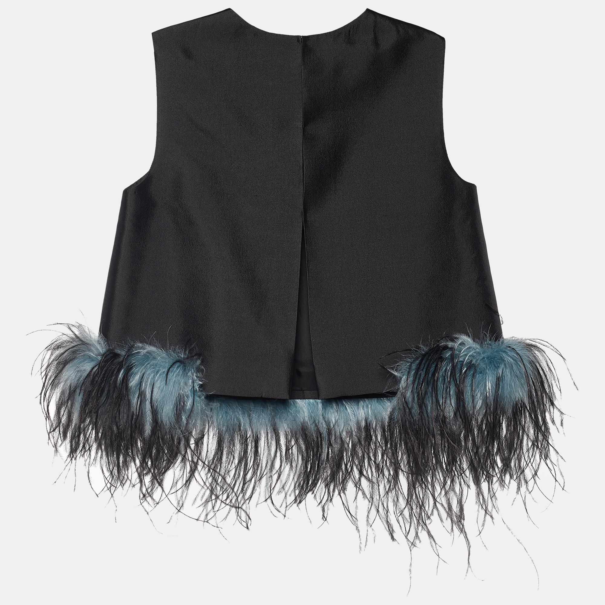 

Prada Black Wool & Silk Ostrich Feather Trim Sleeveless Top