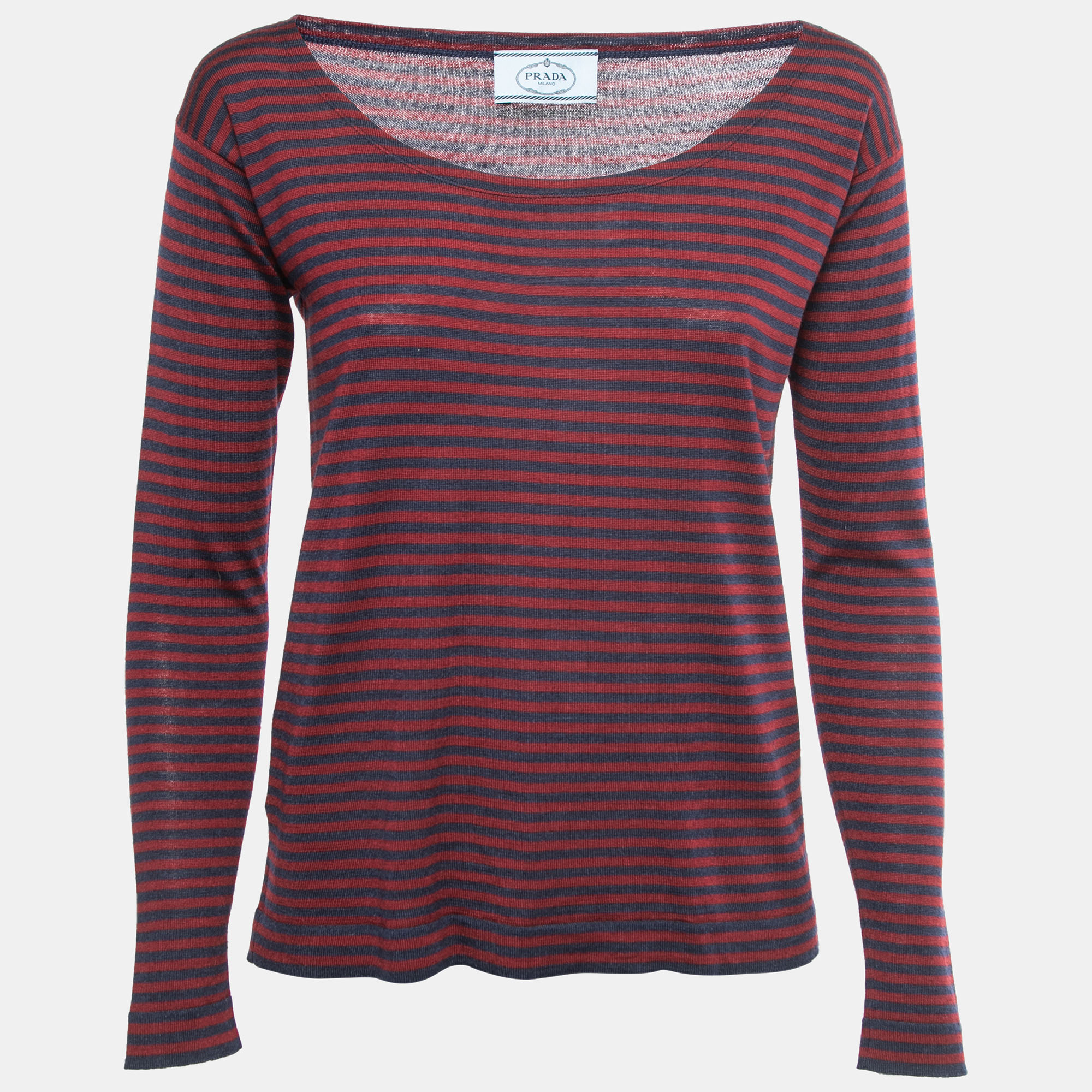 Pre-owned Prada Red/blue Knit Long Sleeve Top Xs
