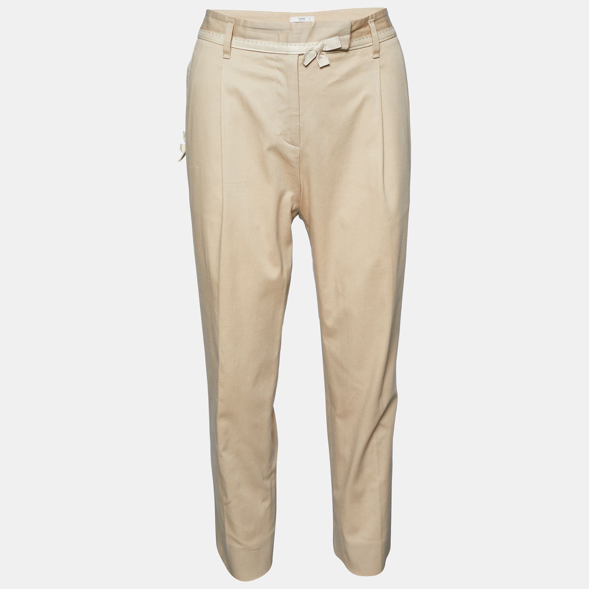 Pre-owned Prada Beige Cotton Tapered Leg Trousers M