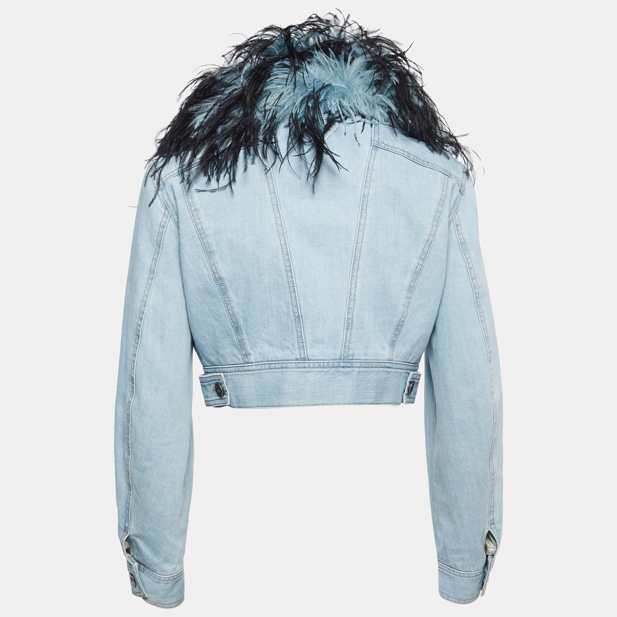 

Prada Blue Denim Detachable Feather-Trim Collar Cropped Jacket